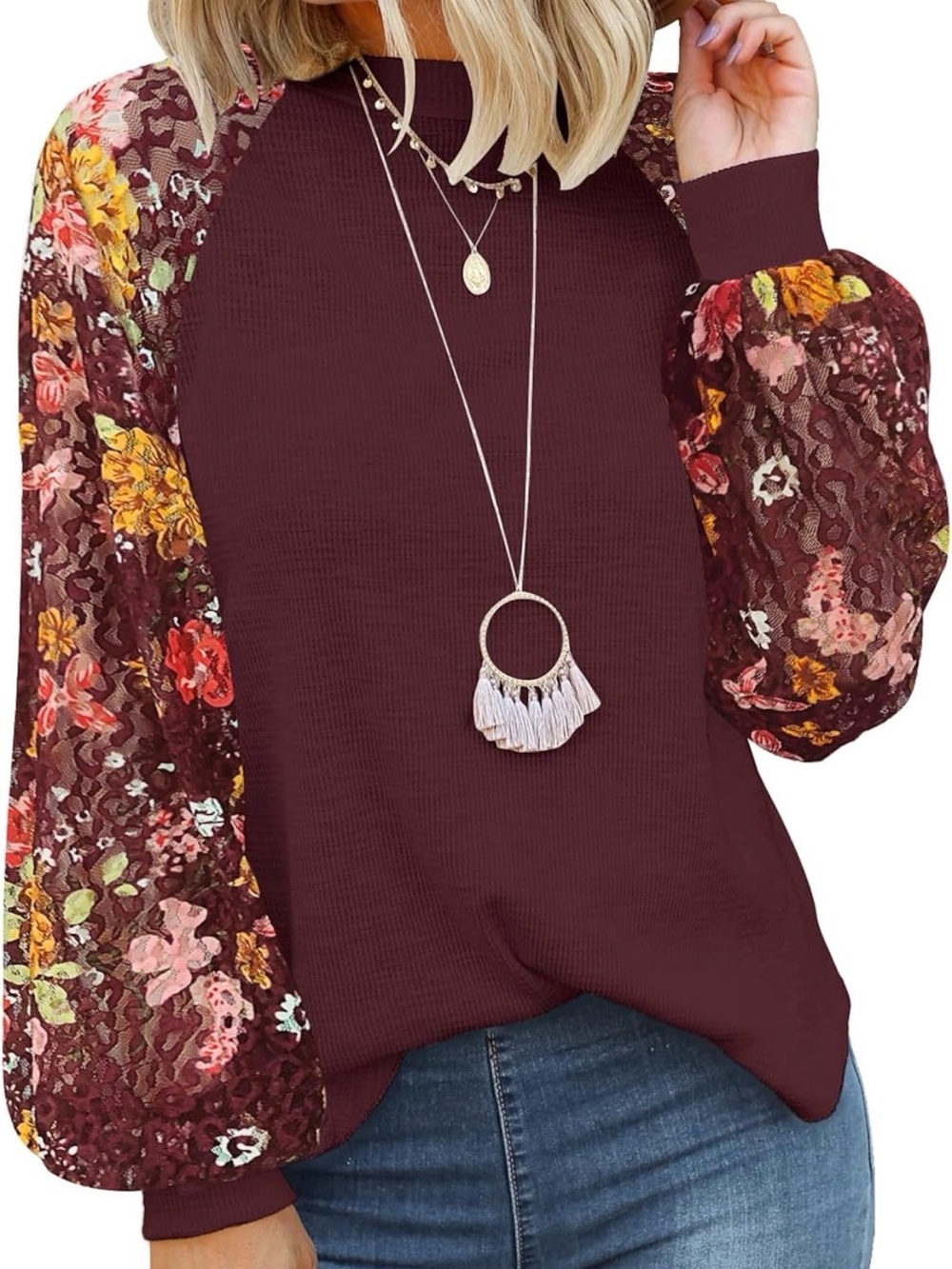 Floral Balloon Sleeve Pullover Top in Burgundy - Picture 2 of 5